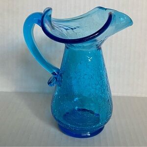 Vintage Hand Blown Blue Crackle Glass Small Pitcher Creamer Vase Handle EUC